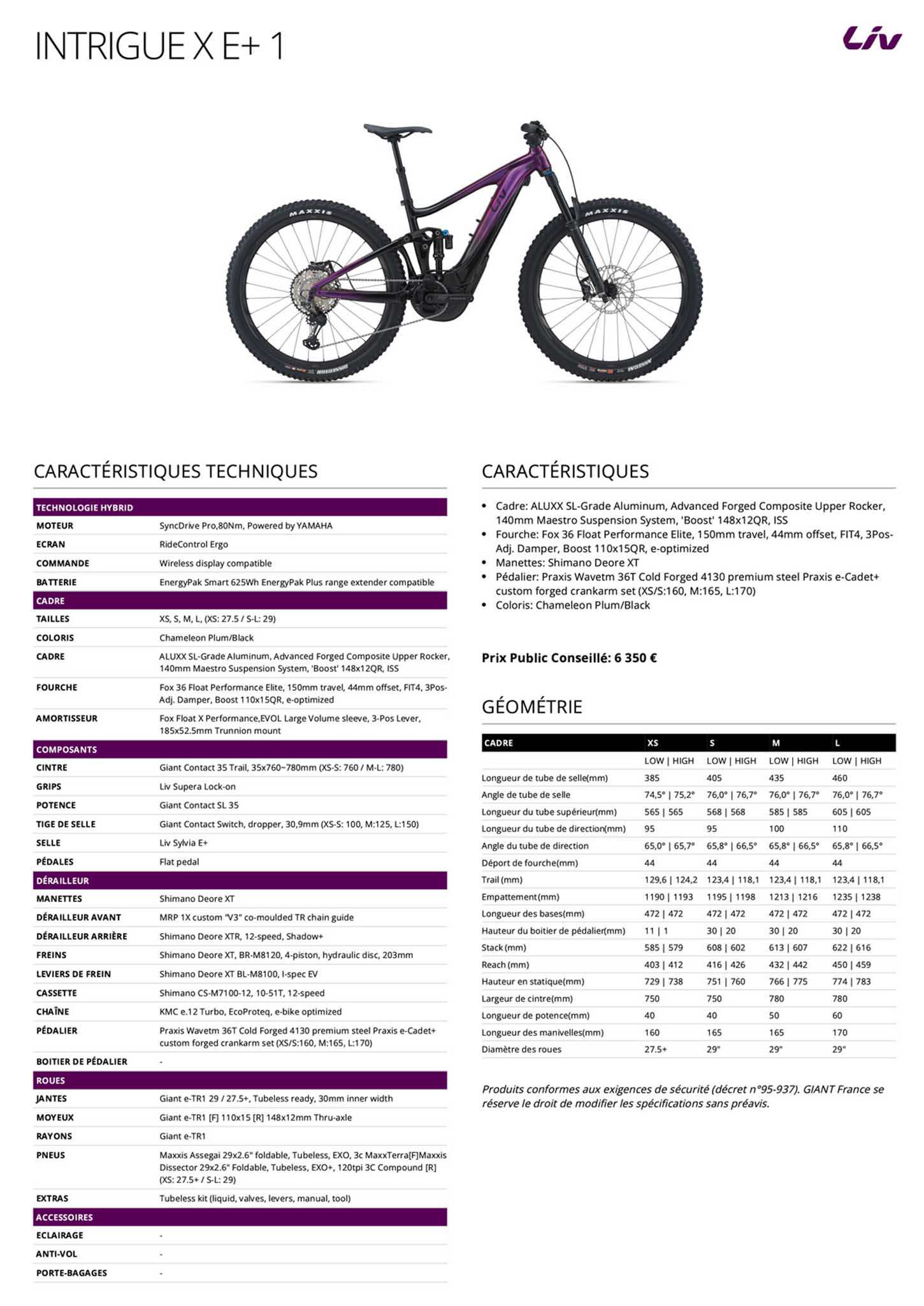 Fiche technique du velo Intrigue X E+ 1 Pro